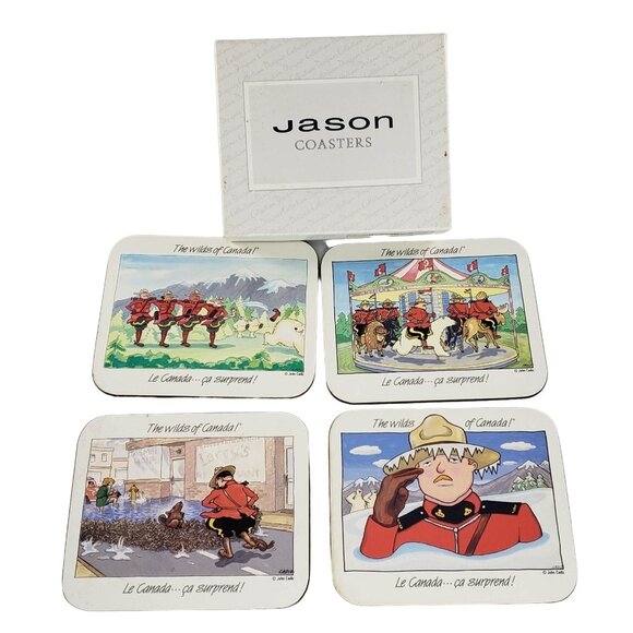 Jason Coasters Wilds Of Canada Mounties John Cadiz Set of 4 Cork Cartoon - Picture 1 of 8